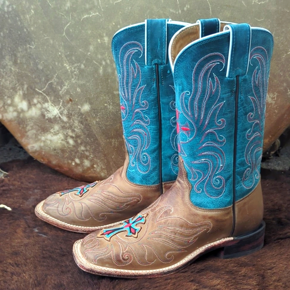TONY LAMA ladies style#7931L "tan vintage cow cross" teal/brown cowboy boots 6.5 - Picture 2 of 16